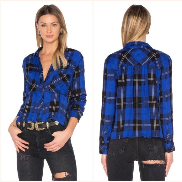 Rails Dylan Cobalt Tartan Plaid Button Down Cropped Shirt Small - Picture 12 of 12